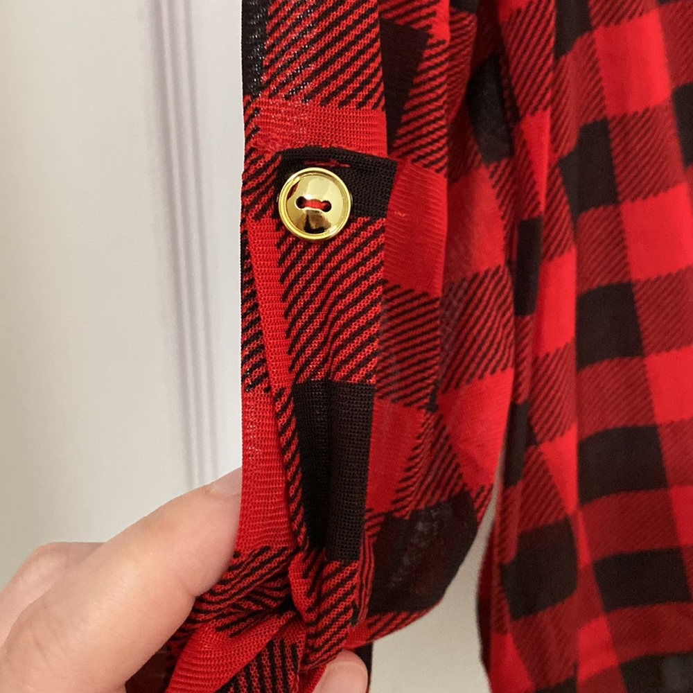 Black and Red Plaid Tie Front 3/4 Sleeve Top - Picture 8 of 12